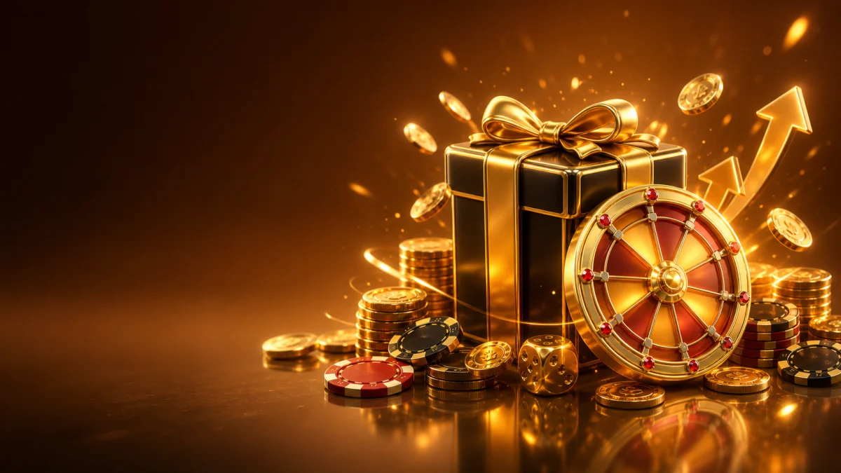 Presente, moedas, fichas e roda dourada representando bônus de cassino e apostas