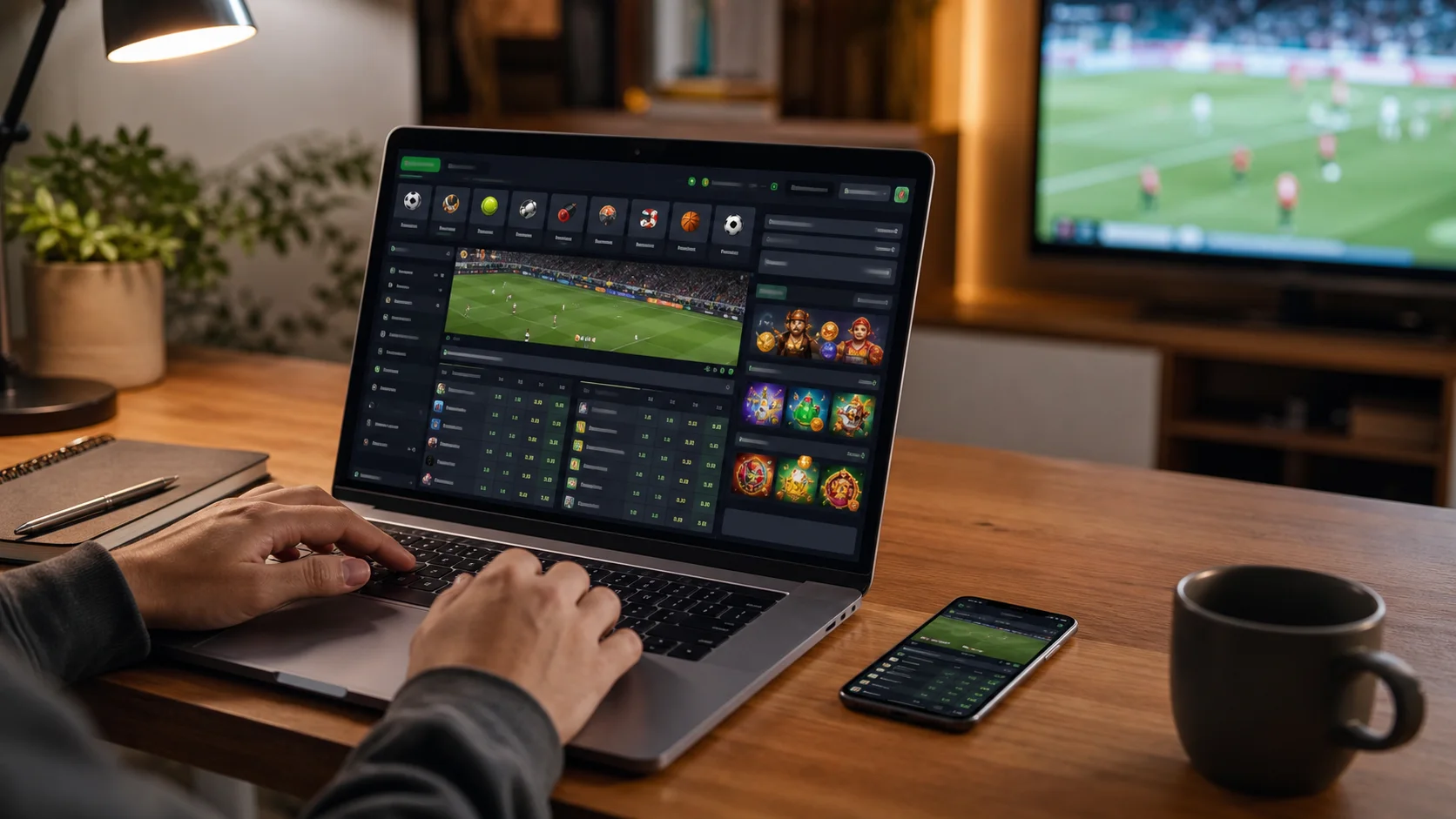 Plataforma slotum em notebook e celular com apostas esportivas e cassino online